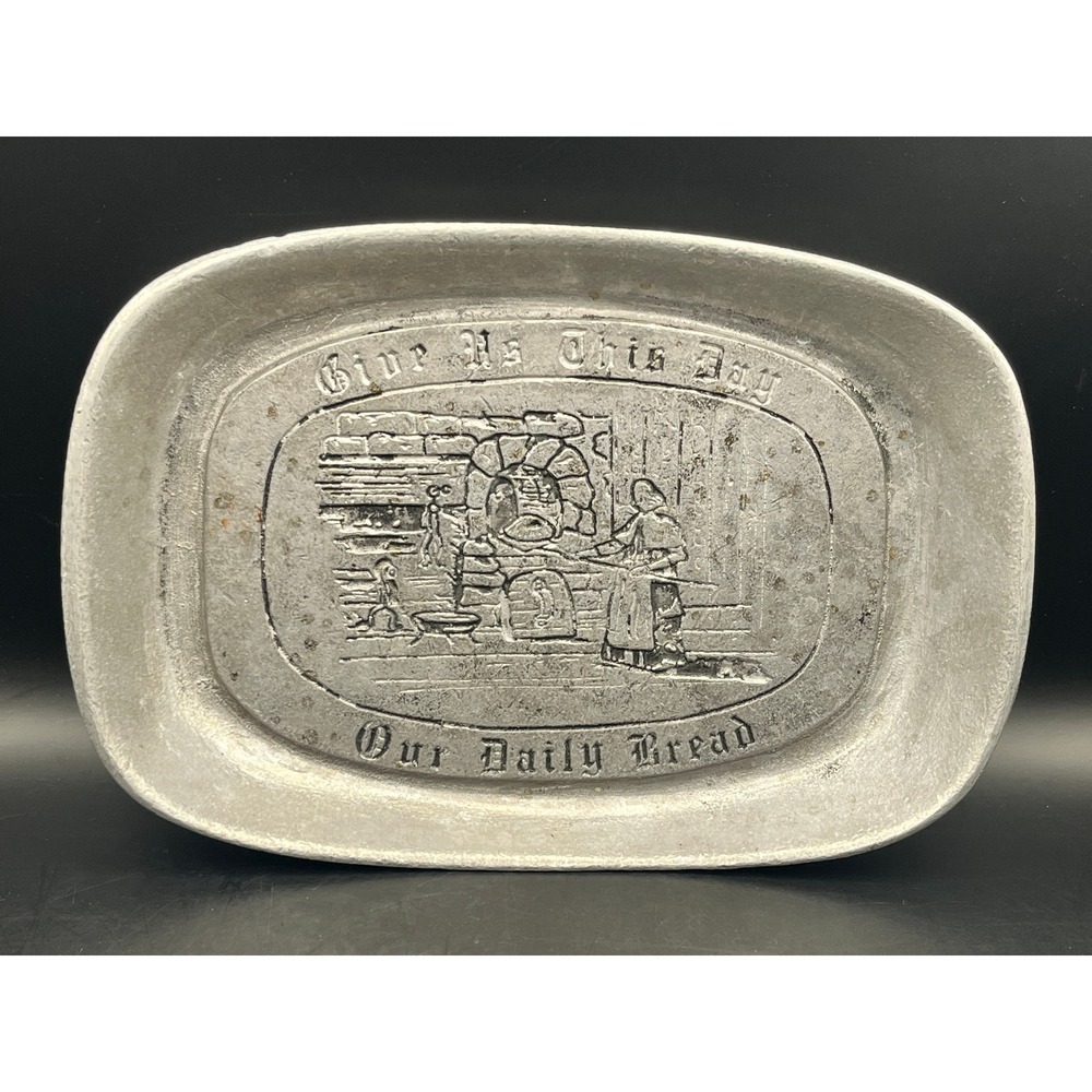 Vtg Duracast Pewter Tray Give Us This Day Our Daily Bread 1973 USA 9" x 6.25"